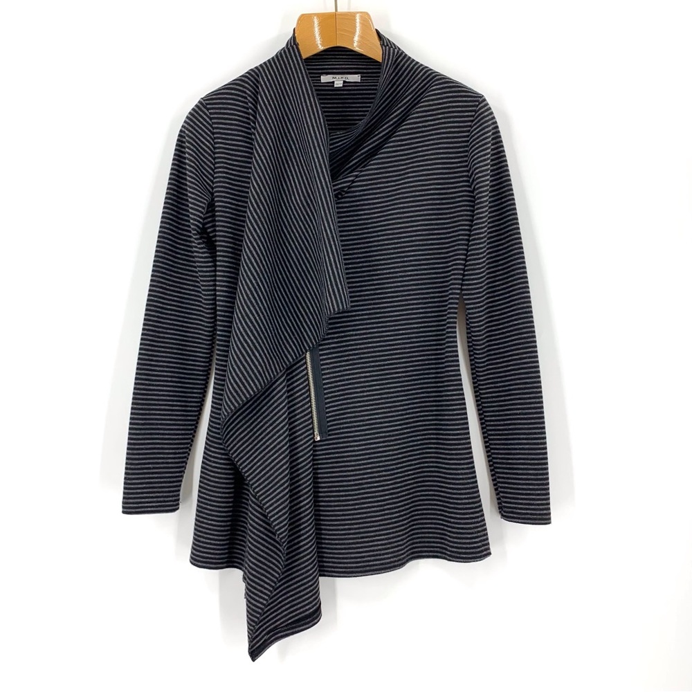 M.I.K.O. Grey and Black Striped Zip Front High Neck Long Sleeve Topper, XS